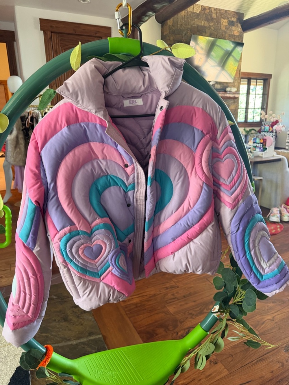 Unisex ERL Heart Quilted Puffer Jacket - Pastel Pink & Purple
